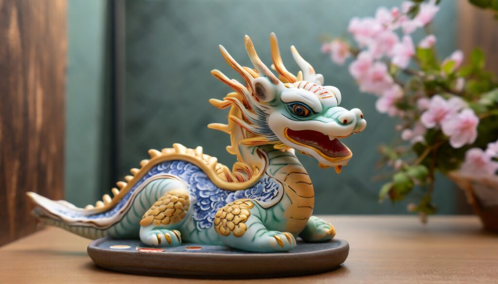 花と青龍のかわいい陶器の置物