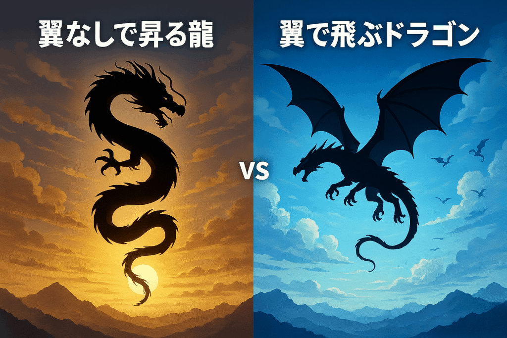 東洋のしなやかな龍と西洋の力強いドラゴンが向き合う比較画像