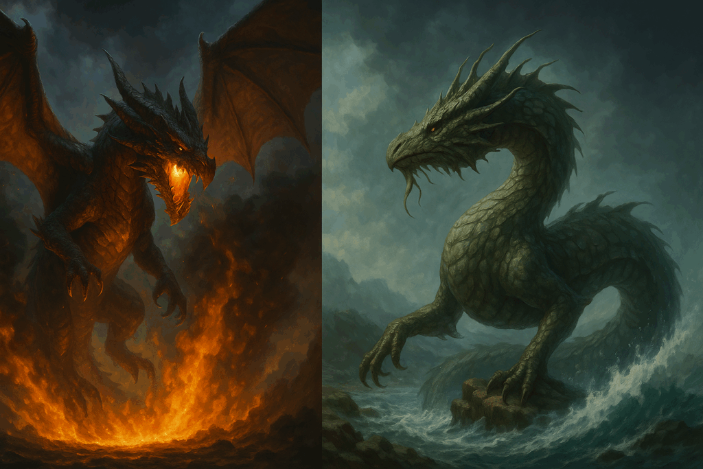 西洋のドラゴンと蛇型の竜ワームの違いを比較したイラスト。空と地を司る二種の龍。　