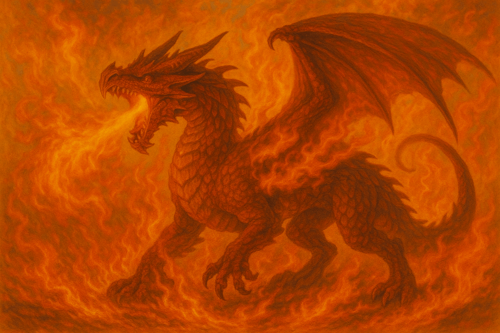 火をまとい、大地を這うファイアドレイク（Firedrake）。火の元素を司る地上の竜。