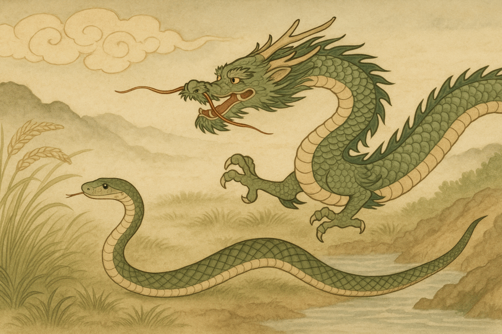 龍とヘビが仲良く並んで同じ方向に進んでいる