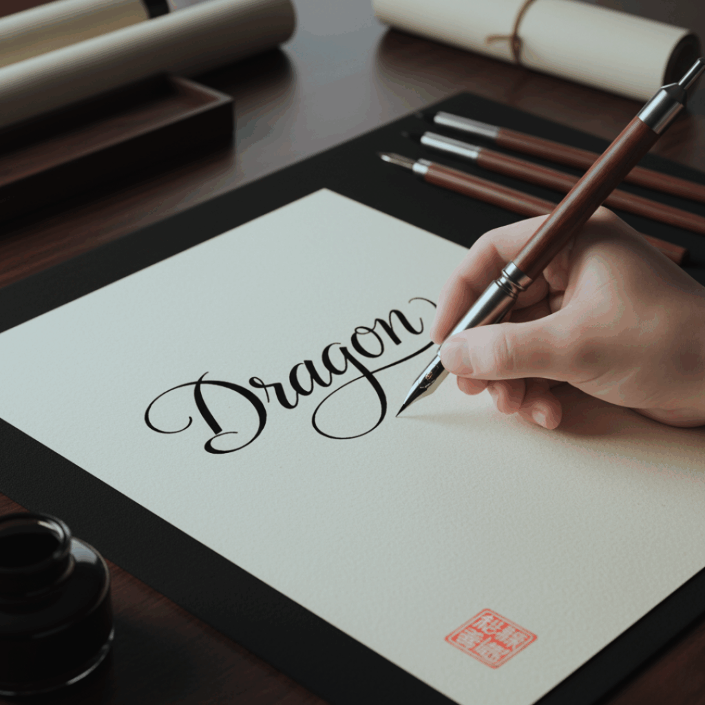 「Dragon」の文字をカリグラフィーで書いている手元