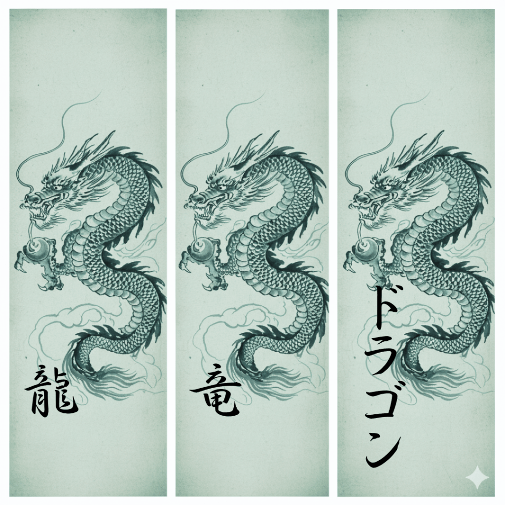 同じ龍を「龍」「竜」「ドラゴン」と表し、文字からの印象の違いを比べた画像
