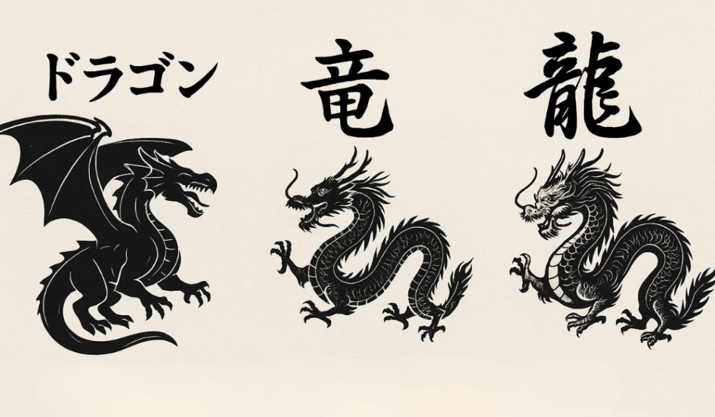 黒いシルエットで「竜」「龍」「ドラゴン」の姿の違いを比べた画像