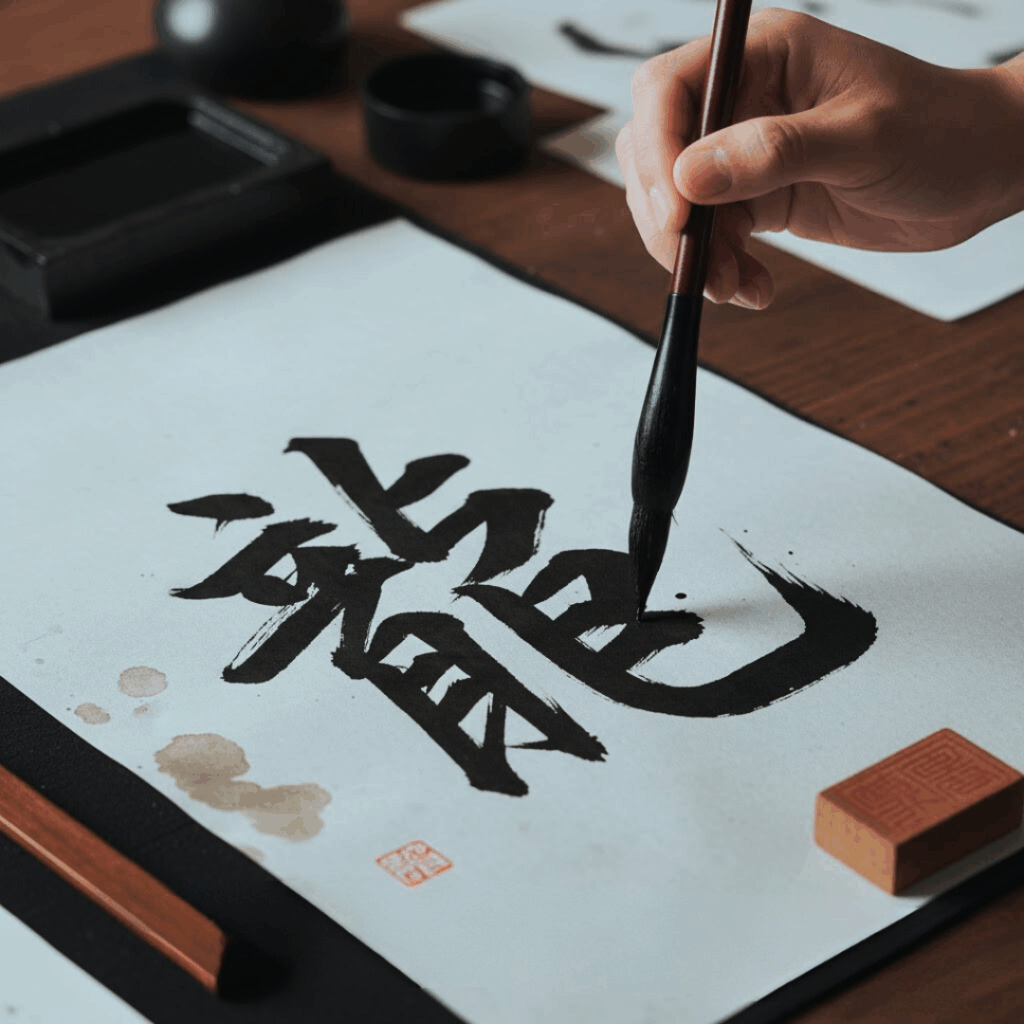 龍という文字を筆で描いている手元