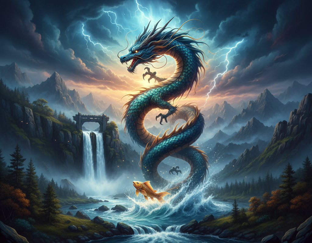 AI 生成 龍と自然の流れ