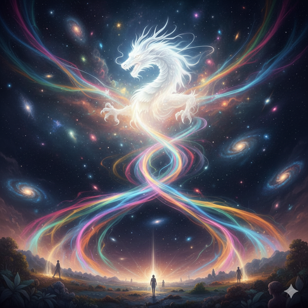 白龍は輝いている宇宙の中で、虹の光のように多様なエネルギーを持ち、地上に光を届けている画像