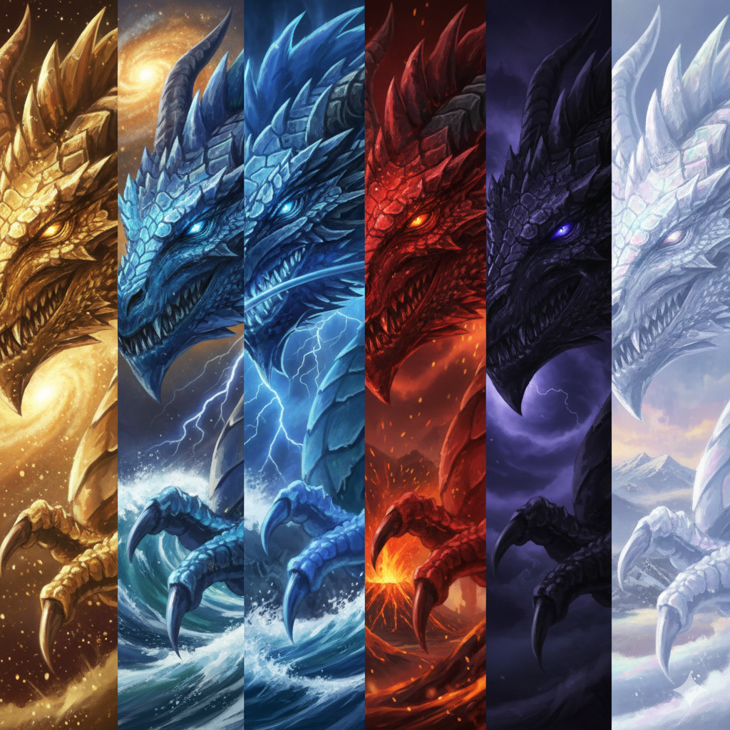 原色に近い主要な龍の色(金、青、赤、黒、白)のアート作品を並べた配列。各龍のパワーを感じさせるアート