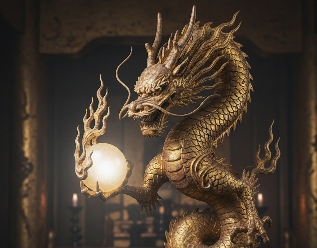 金色の東洋の龍(龍神)が、炎に包まれた光輝く如意宝珠(願いを叶える玉)を力強く掴んでいる仏教美術の彫刻。