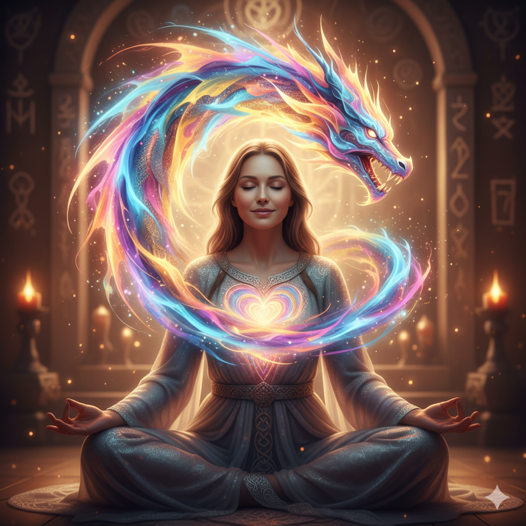 女性が目を閉じて瞑想している姿の横に、その人から湧き出た光が渦巻く龍の形となって抽象的に描かれているアート
