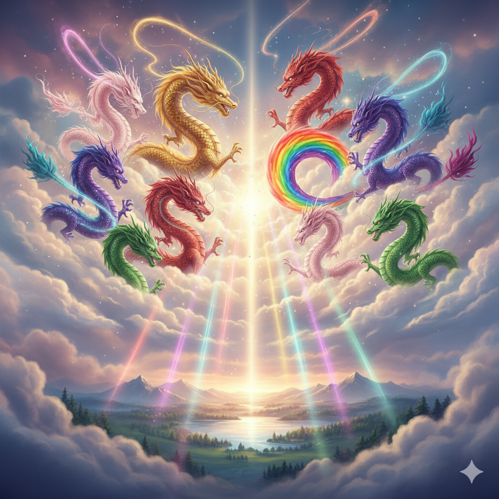 が穏やかに集合し、その光が地上に降り注いでいる、穏やかで美しい光景のアート。