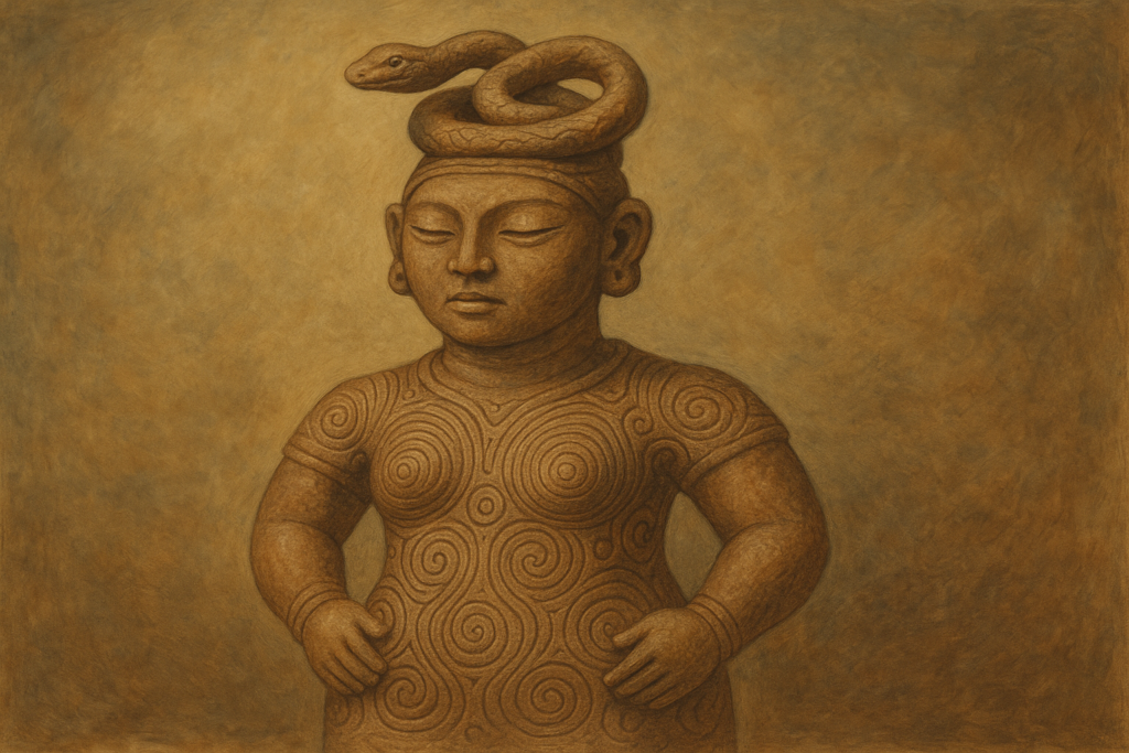 縄文時代の蛇神信仰と女性性を象徴する、蛇を頭部に載せた土偶のイメージ画像