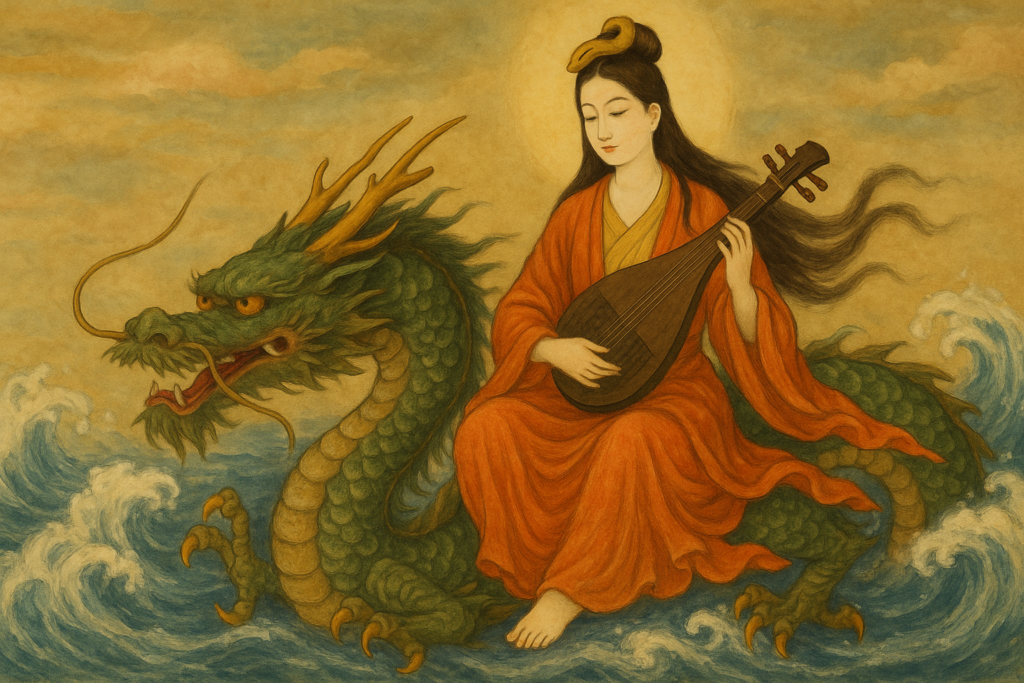 音楽と財運の女神・弁財天が龍に乗って琵琶を奏でる、龍蛇神融合のイメージ