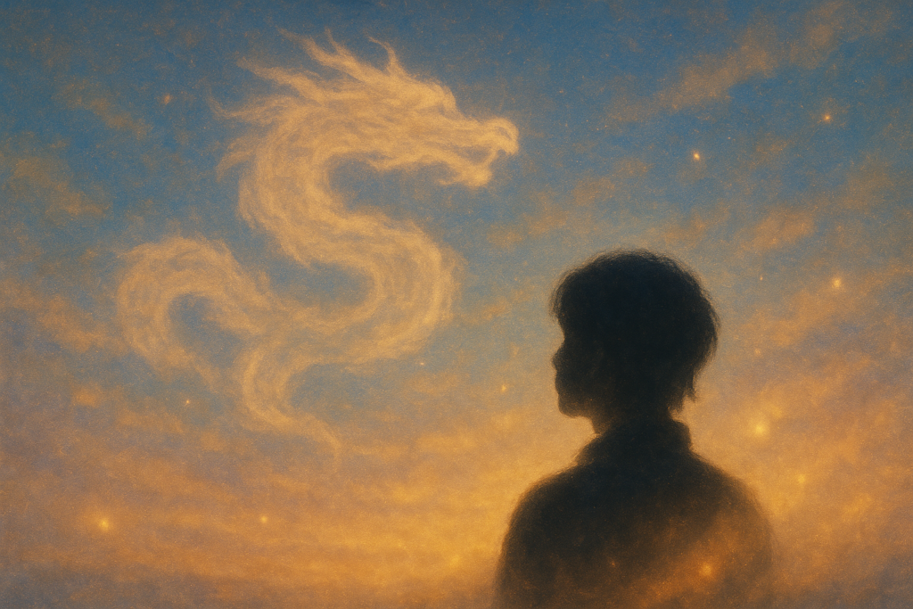 夕焼けに染まる空を見上げる人物のシルエットと、その上空に白く光る龍の形をした雲が浮かんでいる。背景には小さな星のような光が点在し、静かで内省的な雰囲気のイラスト。