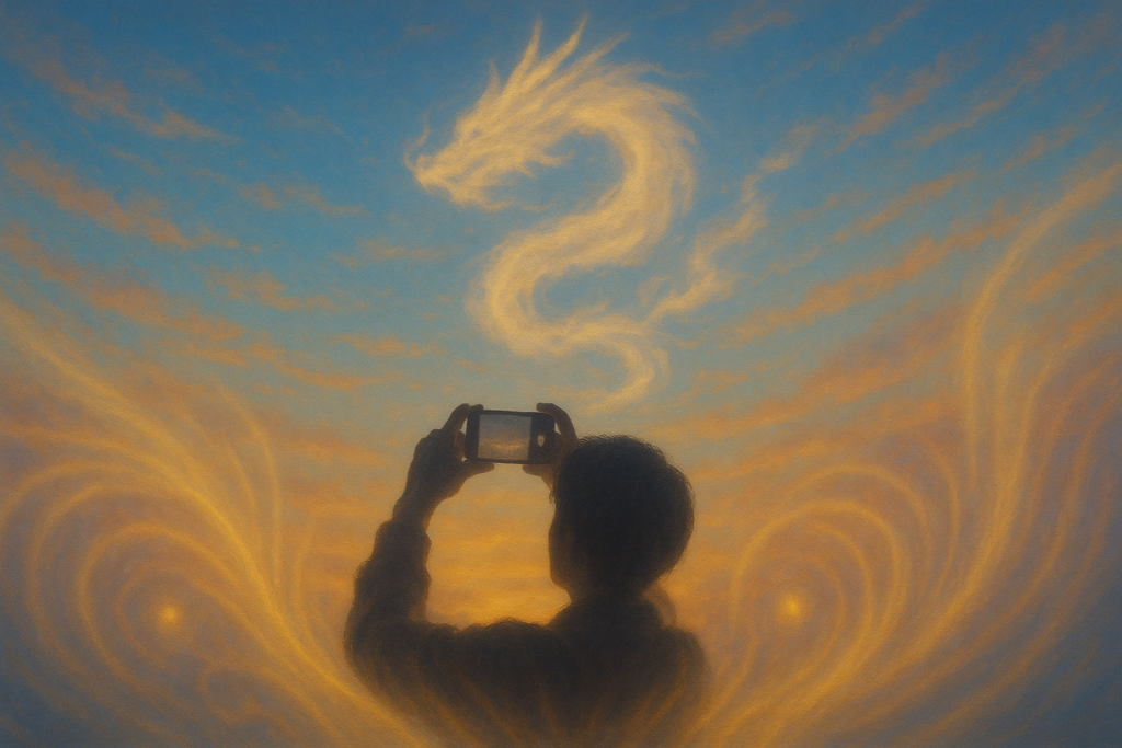 夕焼け空の下、人物のシルエットがスマートフォンを両手で持ち、上空の龍神雲を撮影している。空には龍神雲の周りに黄金色の渦巻く光（エネルギー）が描かれている。