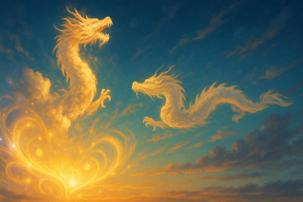 二体の巨大な龍神雲が、黄金色の渦巻く光とエネルギーの上で、互いに向き合いながら天空を舞っている様子。力強さと躍動感のあるイラスト。