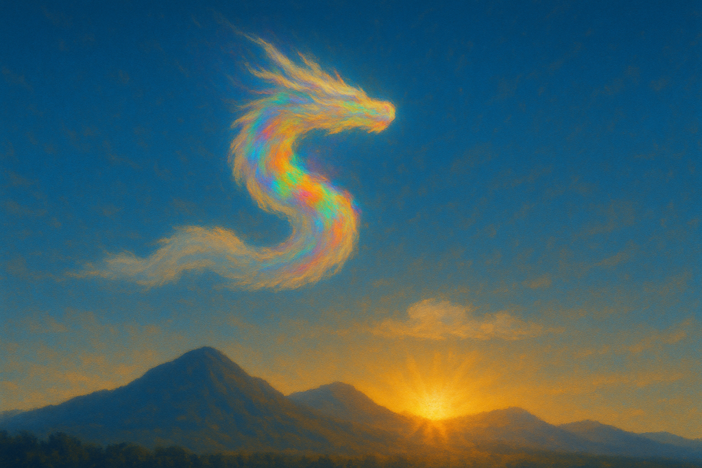 濃い青空と地平線の日の出を背景に、虹色に輝く彩雲でできた昇り龍の形が描かれている。山並みと太陽の光が下部にあり、幻想的な色調の油絵風のイラスト。