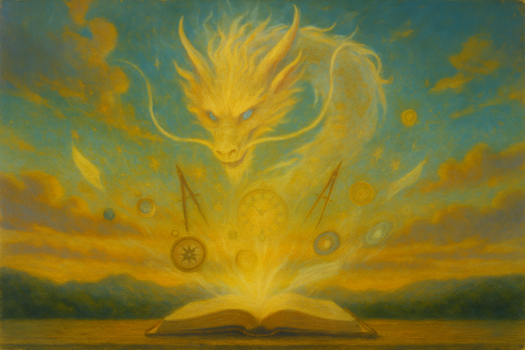 黄金色の龍神が空に浮かび、下方にある開かれた古い本から羅針盤、コンパス、時計などの知恵や導きを象徴するシンボルが光とともに湧き出ている様子。全体が温かい光と深い青で描かれた幻想的な油絵風のイラスト。