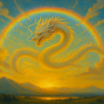 夕焼け空と山並み、水辺を背景に、巨大な虹の輪の中に黄金色の龍神が描かれている。光と色彩が豊かで、壮大で神聖な印象を与えるイラスト。