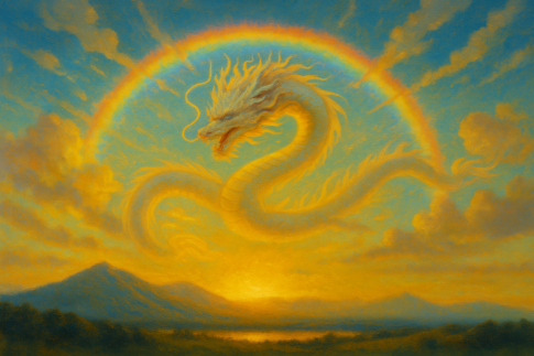 夕焼け空と山並み、水辺を背景に、巨大な虹の輪の中に黄金色の龍神が描かれている。光と色彩が豊かで、壮大で神聖な印象を与えるイラスト。