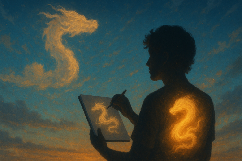 夕焼け空の下、横顔の人物のシルエットが、雲でできた龍の形を見上げながら、手に持ったスケッチブックにその龍の姿を書き写している。人物の背中には、描いた龍と同じ形の光が灯っている。