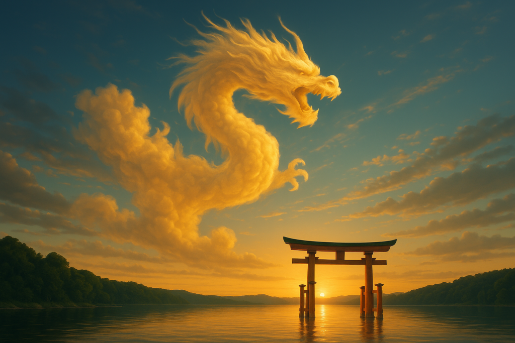 夕焼けまたは朝焼けの水面に立つ朱色の鳥居の上空に、黄金色の雲でできた巨大で力強い龍神が浮かんでいる風景。空と水面が暖色に染まり、神秘的な雰囲気を醸し出している。