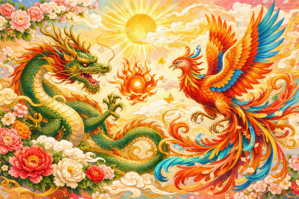 鮮やかな色彩で描かれた、向かい合う龍と鳳凰の和風アート。中央には輝く宝珠があり、周囲を牡丹の花と金色の雲が彩る豪華な構図。