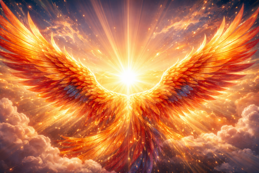 黄金の太陽を背に、力強く羽ばたく火の鳥（フェニックス）のクローズアップ。輝く羽根が画面いっぱいに広がり、神々しい光が降り注ぐ聖なる光景。