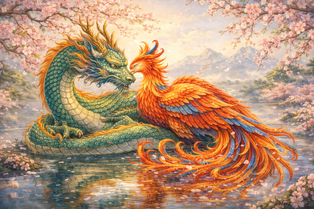 桜の花が咲き誇る水辺で、優しく寄り添い合う緑色の龍と赤橙色の鳳凰。パステルカラーの優しいタッチで描かれた、調和と平和を感じさせる幻想的な絵画。