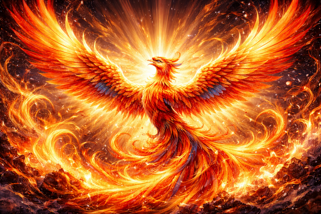 燃え盛る炎の中から力強く飛び立つ鳳凰の全身像。赤とオレンジの羽根が鮮やかに輝き、上昇するエネルギーと圧倒的な生命力を表現したファンタジーアート。