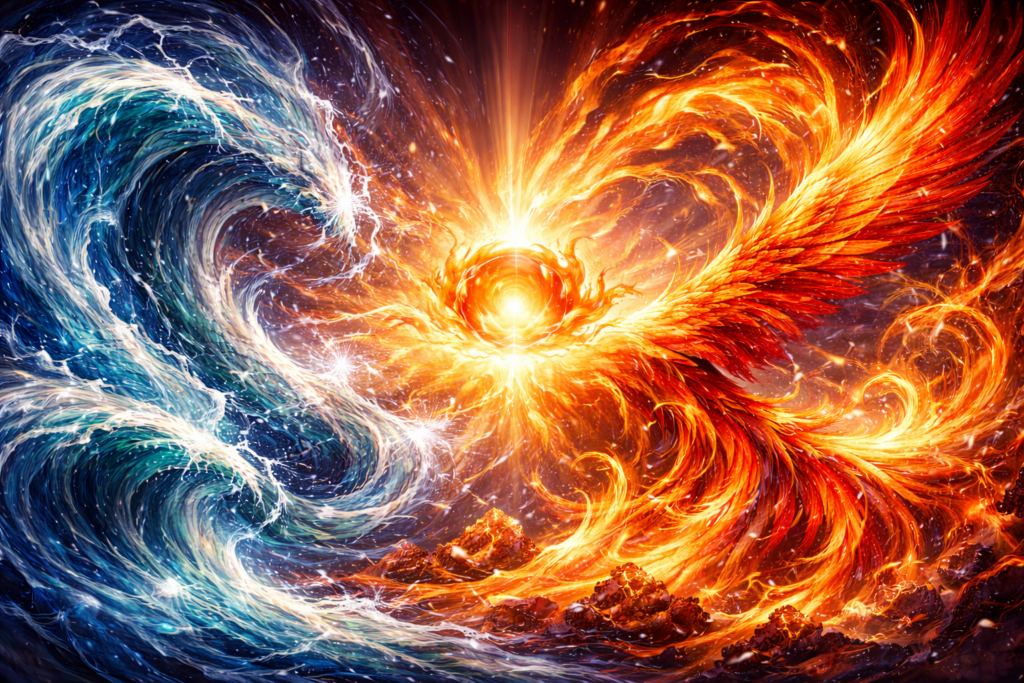 激しくうねる青い波の龍と、燃え上がる赤い炎の鳳凰がぶつかり合う抽象的なイラスト。陰陽のバランスを火と水で表現した、コントラストの強い幻想図。