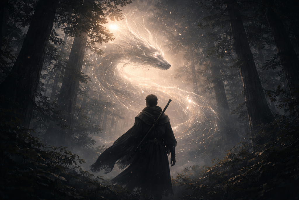 薄暗い森の中で、光の龍と向き合う人物の後ろ姿。静謐さと緊張感が漂い、責任や覚悟を引き受ける人と龍の関係性を象徴する幻想的な情景。