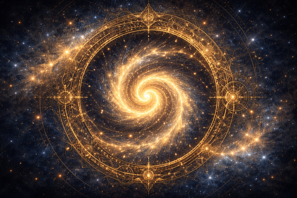 深い宇宙空間に浮かぶ、黄金比で描かれた渦巻きの抽象アート。銀河や時計の歯車を思わせる構図が、時の巡りと宇宙の静かな秩序を象徴している。