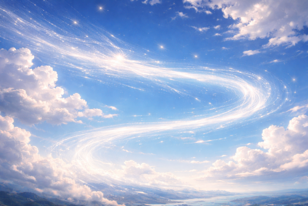 青く澄み渡る空に、白い雲と光の筋が大きな弧を描く幻想的な風景。宇宙と地上を自由に行き来する龍の気配を思わせる、軽やかで開放的な天空のイメージ。