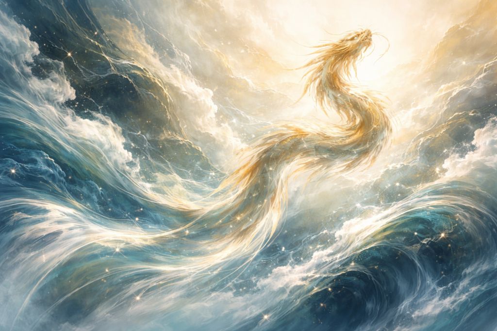 流れる水と雲の中を昇る龍を描いた横長の抽象画。停滞を抜け、流れに乗って上昇していくエネルギーを象徴している。