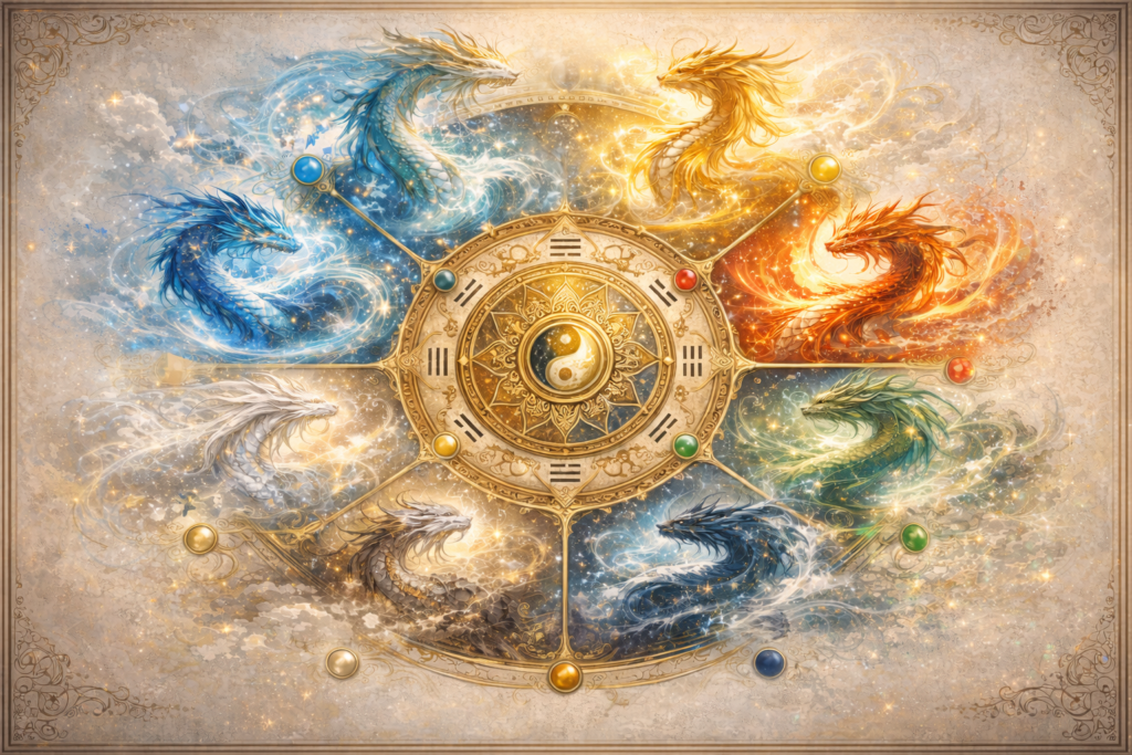 八色の龍が円状に配置された華やかな図解。八龍易の世界観と、直感で選ぶ楽しさを表現したカラフルなビジュアル。