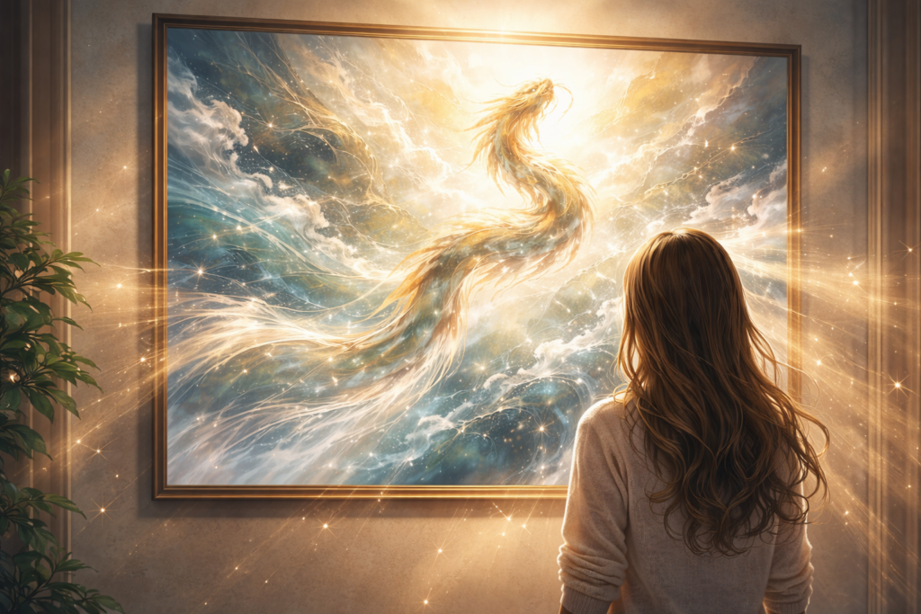 光とエネルギーを放つ龍の絵を静かに見つめる人物の後ろ姿。視覚情報が意識や感覚に影響を与えることを象徴する一場面。