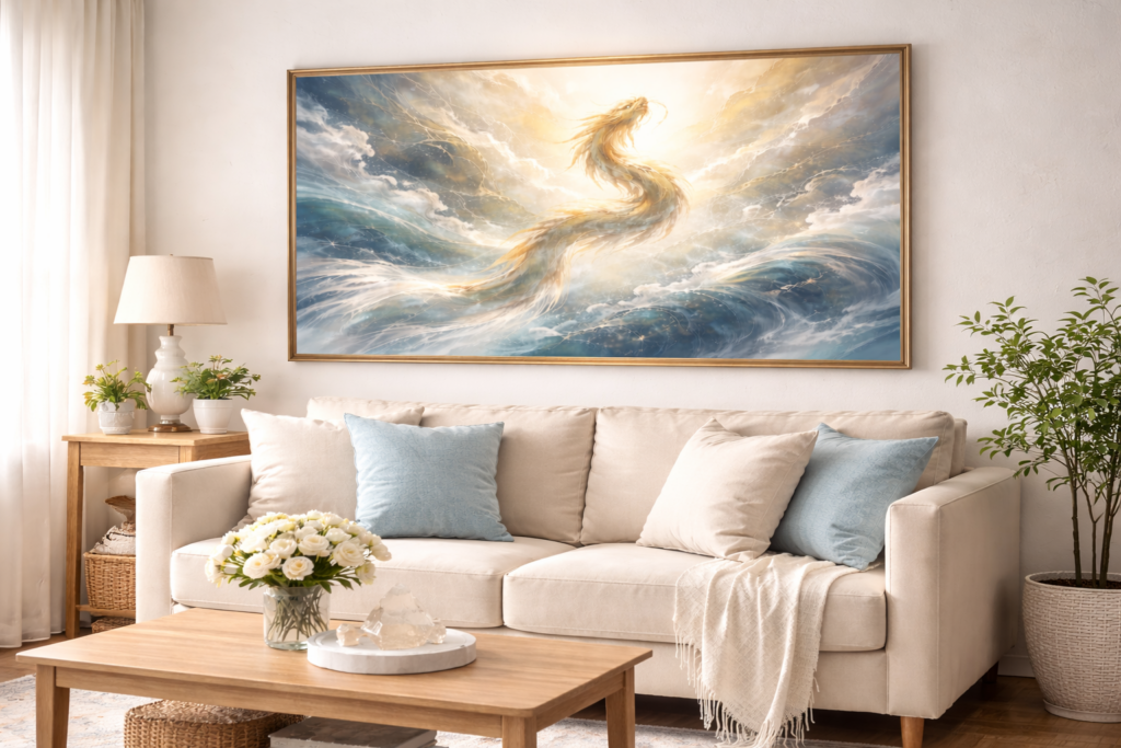 明るく清潔感のあるリビングに、横長の龍神アートが自然に溶け込んでいるインテリア風景。やわらかな光と調和した空間。