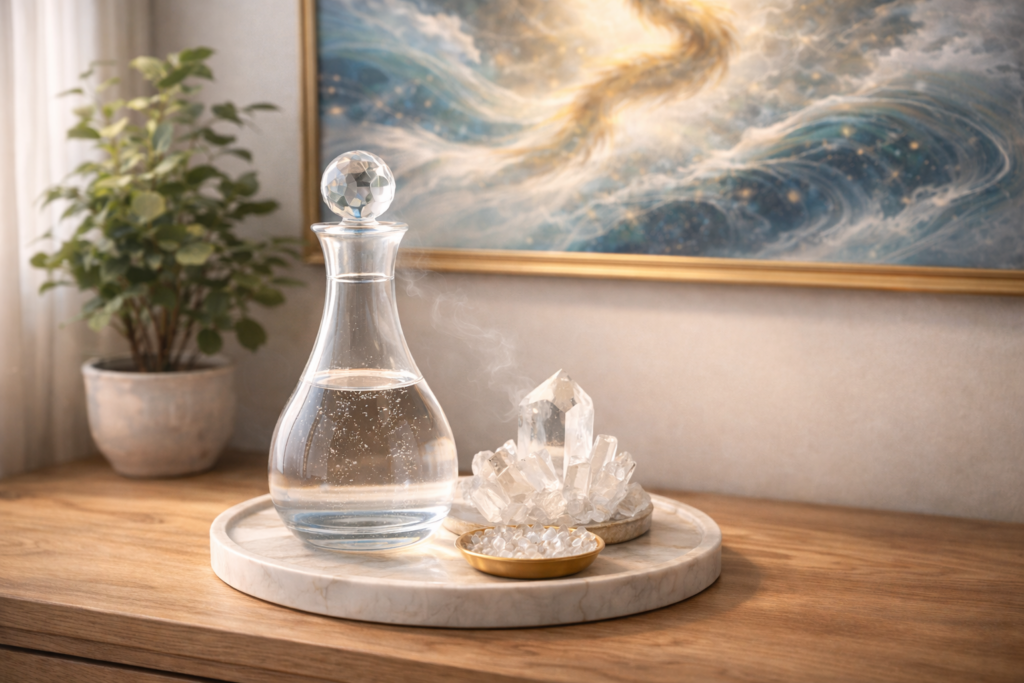 龍の絵のそばに置かれた透明なガラスの水入れと水晶。湯気が立つような新鮮な水と、丁寧な暮らしを感じさせる静かな祈りの空間。