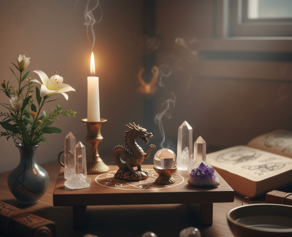 水晶や花を飾り、キャンドルの光が灯る、龍との対話を深めるための静かで清らかな祈りの空間。