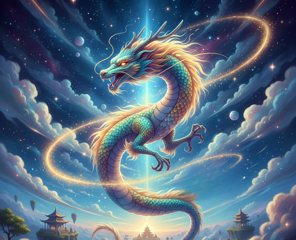 龍の夢がもたらす開運と希望を象徴する、光り輝く龍が舞い上がる幻想的な夢の世界のイラスト。虹色のオーラと星々が輝く神秘的な風景。