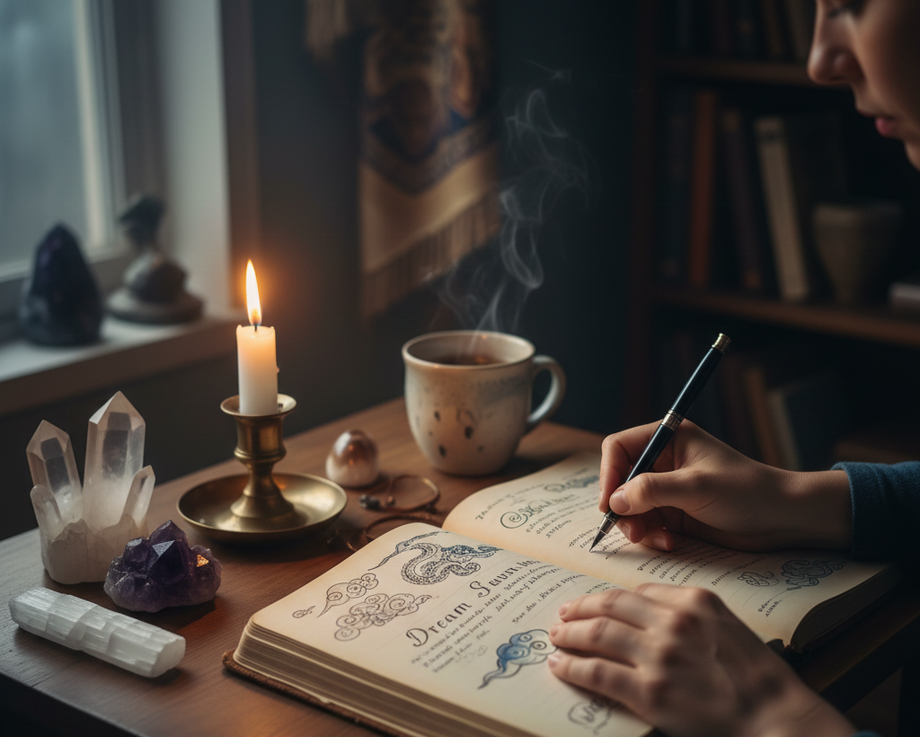 キャンドルとパワーストーンの側で夢日記をノートに書き込み、龍のメッセージを記録する様子。開運のための静かな対話の時間。