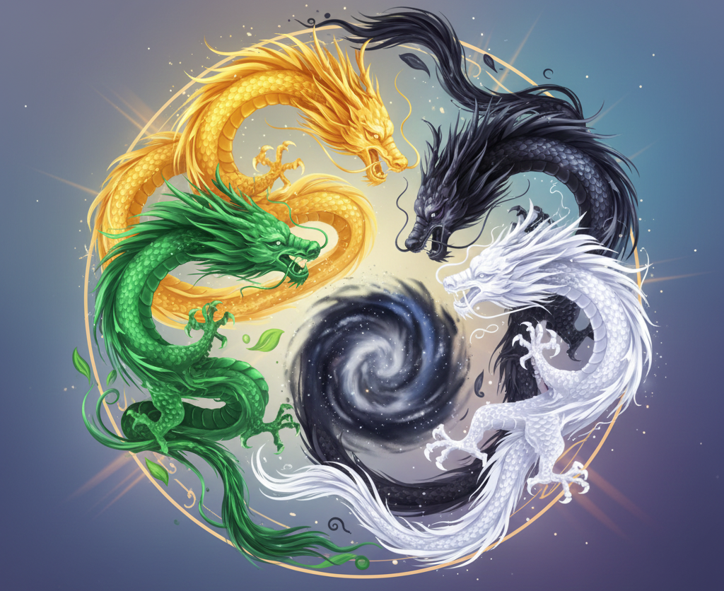 金色、緑色、黒色、白色など、様々な色の龍が持つ幸運の波動を抽象的に表現したアートワーク。