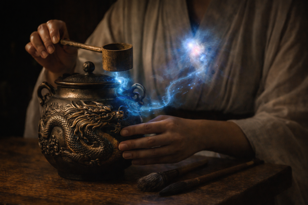 龍と美しい茶器の光