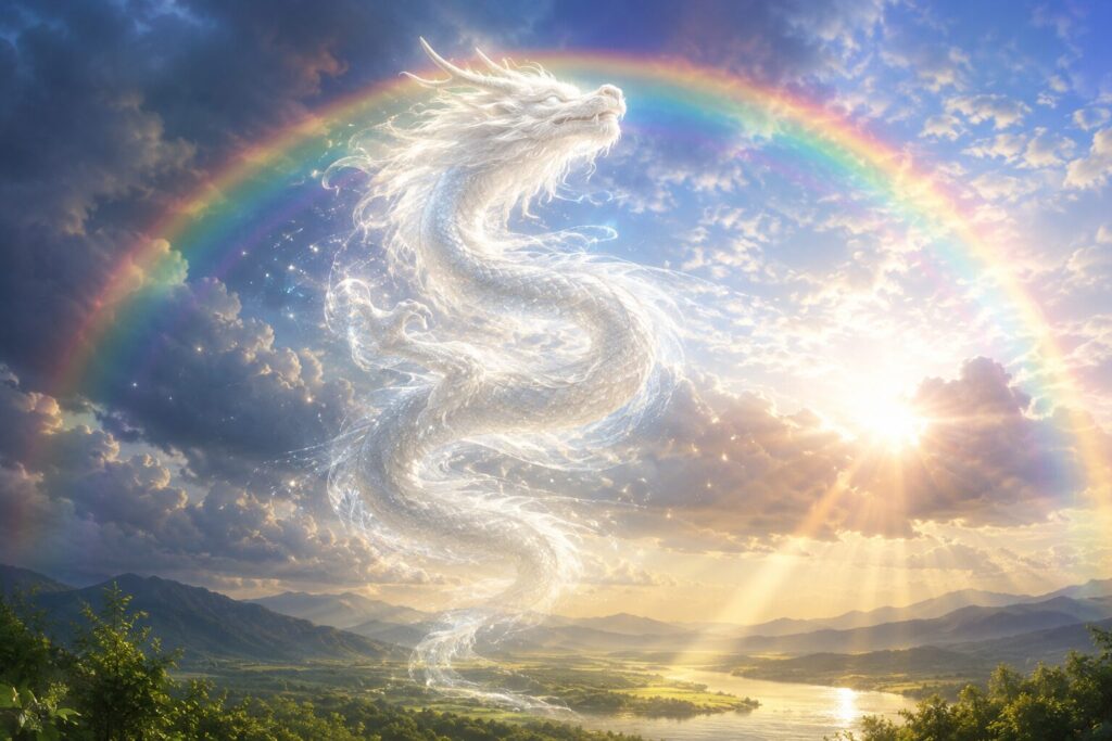 雨上がりの空に大きな虹がかかり、白く輝く龍が光の中を昇る幻想的な風景