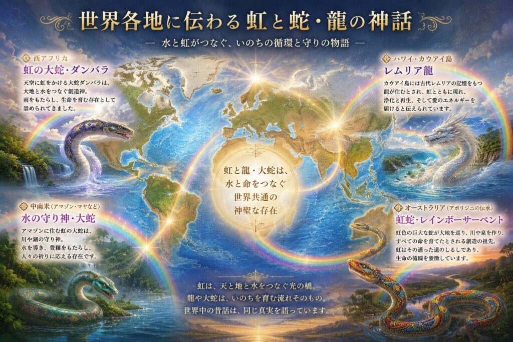 世界各地に伝わる虹と蛇・龍の神話をイメージした幻想的な世界地図と虹の風景