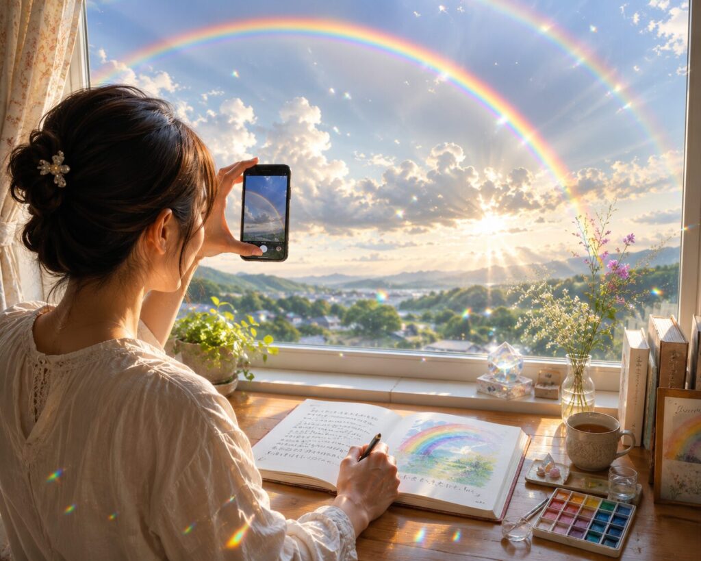 虹を見上げたあとにノートへ気づきを書き、小さな絵を描く穏やかな時間のイメージ