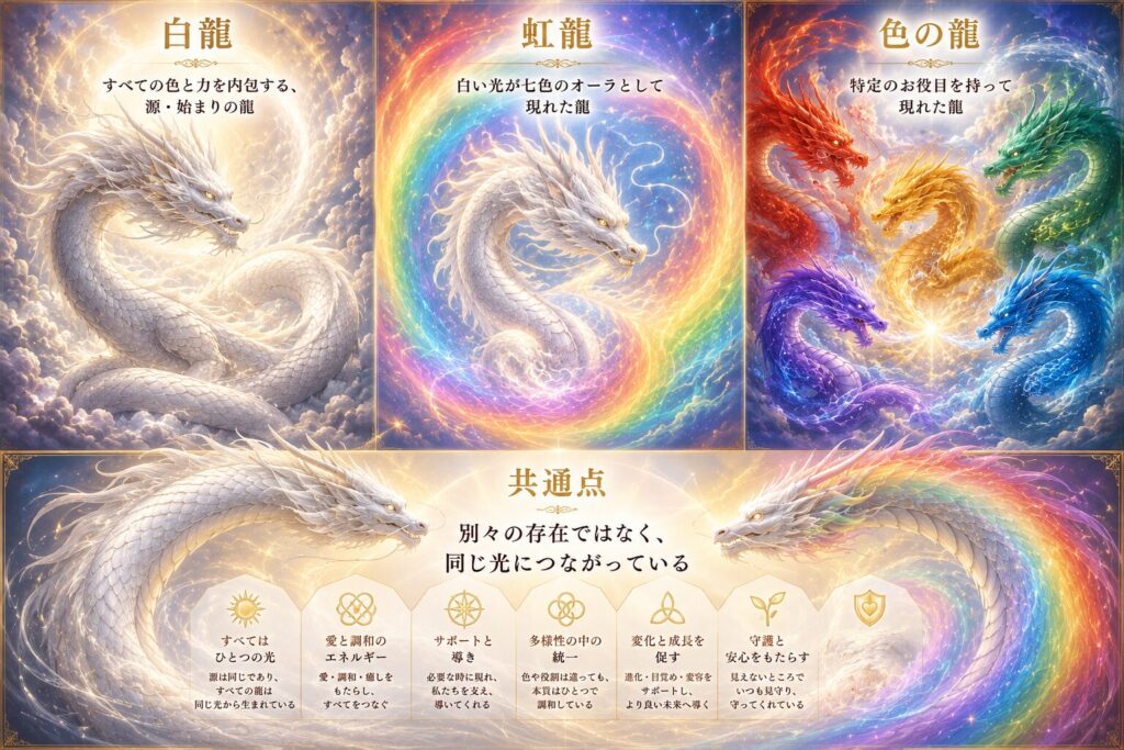 白龍・虹龍・七色の龍が一つの光から現れ、それぞれの役割とつながりを説明比較したイメージ