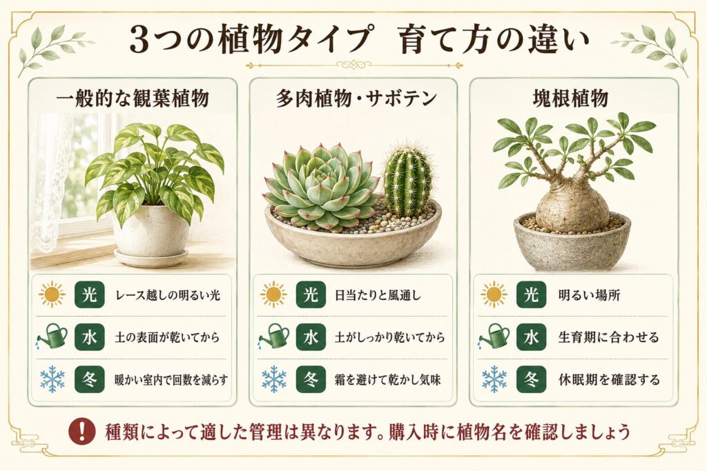 一般的な観葉植物、多肉植物・サボテン、塊根植物の光、水やり、冬の管理を比較した図