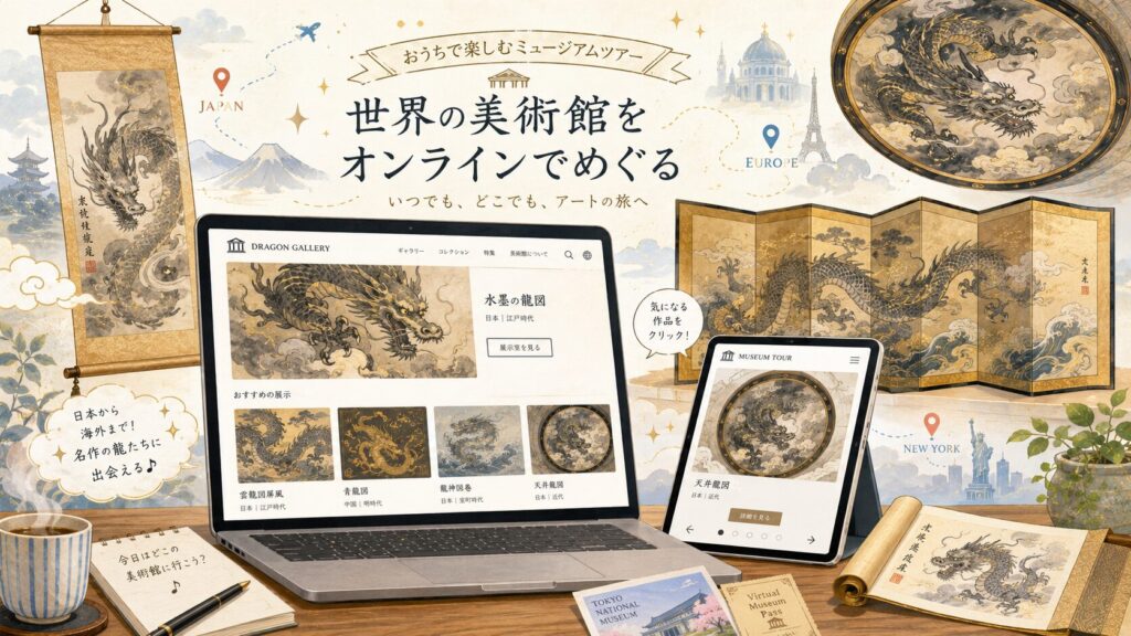 日本や海外の美術館にある龍の絵を、パソコンやタブレットからオンラインで巡る様子を表したイラスト。